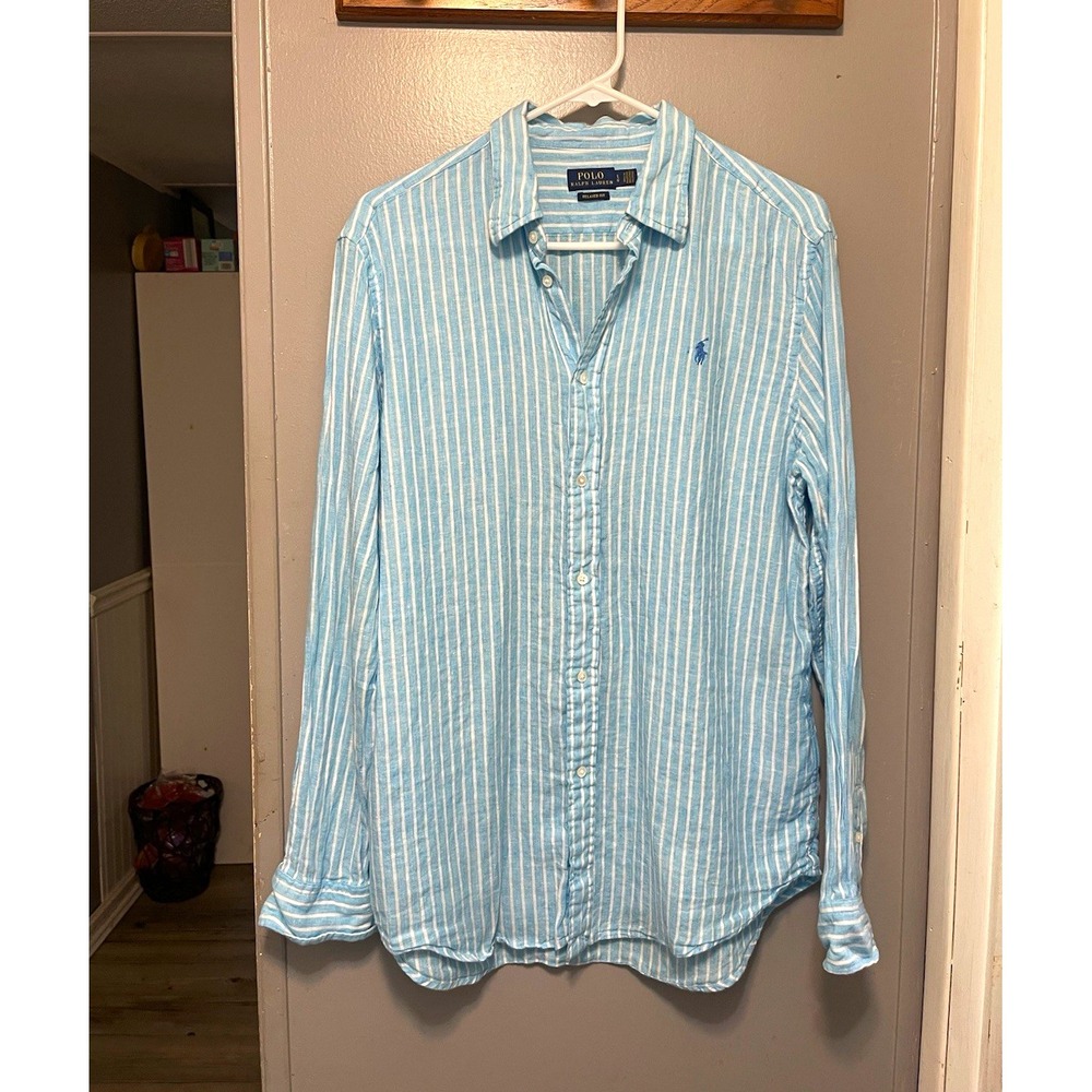 Polo Ralph Lauren Long Sleeve Button Up Blue/White linen Relaxed men's size L